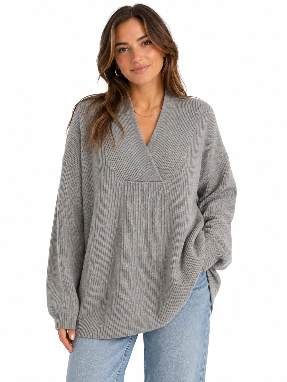Deluc Womens Taupe Gray Ribbed Long Sleeve Soft Pullover V-Neck Sweater sz XS